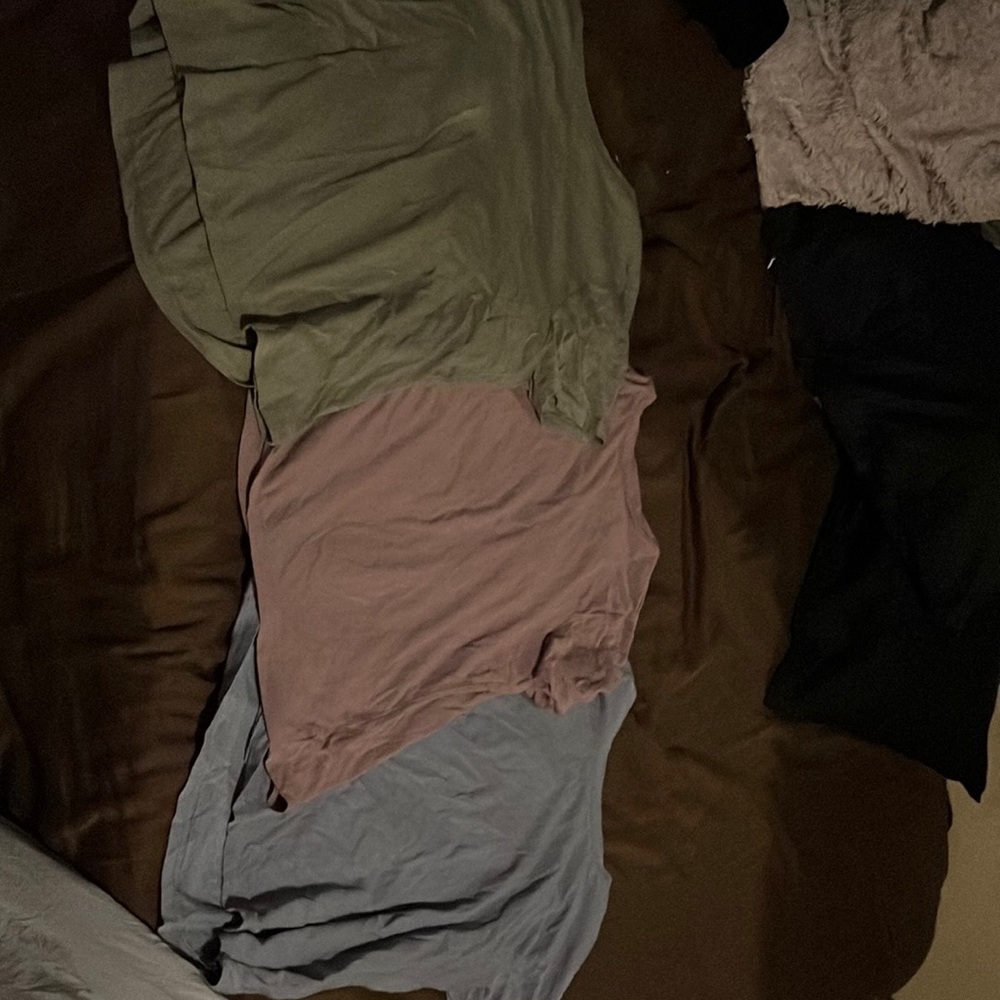 3 plain color t shirts, sage green, lavender, soft magenta